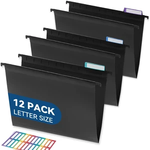 Plastic Hanging File Folders, Letter Size, Tear-Resistant, Black 12-Pack, Sturdy and Easy to Clean, for Filing Cabinets, with Insertable 1/5-Cut Tabs and Colorful Labels Plastic Hanging File Folders, Letter Size, Tear-Resistant, Black 12-Pack, Sturdy and Easy to Clean, for Filing Cabinets, with Insertable 1/5-Cut Tabs and Colorful Labels