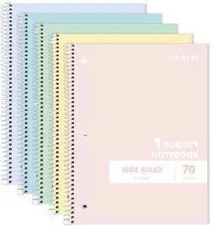 1 Subject Spiral Notebook Wide Ruled 5 Pack, 140 Pages, Assorted 70 Sheets, 7.5 x 10.5 in, 3-Hole Punched, School Notebook, Wide Ruled Paper, Study, Students 1 Subject Spiral Notebook Wide Ruled 5 Pack, 140 Pages, Assorted 70 Sheets, 7.5 x 10.5 in, 3-Hole Punched, School Notebook, Wide Ruled Paper, Study, Students