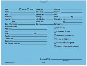 Printed Vehicle Deal Envelopes 9x12 Deal Jackets (100 shrink wrapped) (Blue) Printed Vehicle Deal Envelopes 9x12 Deal Jackets (100 shrink wrapped) (Blue)