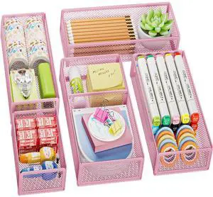 5 Pack Desk Drawer Organizer Set, Mesh Drawer Storage Trays with 1 Adjustable Divider, Desk Organizers and Accessories, 5 PCS Drawer for Office Supplies, Makeup & Vanity (Pink) 5 Pack Desk Drawer Organizer Set, Mesh Drawer Storage Trays with 1 Adjustable Divider, Desk Organizers and Accessories, 5 PCS Drawer for Office Supplies, Makeup & Vanity (Pink)