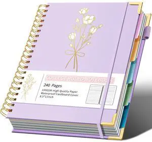 5-Subject Hardcover Spiral Notebook, 8.5" x 11", College Ruled 240 college-ruled pages, 100 GSM paper, 5 removable dividers, inner pocket and protective metal corners 5-Subject Hardcover Spiral Notebook, 8.5" x 11", College Ruled 240 college-ruled pages, 100 GSM paper, 5 removable dividers, inner pocket and protective metal corners
