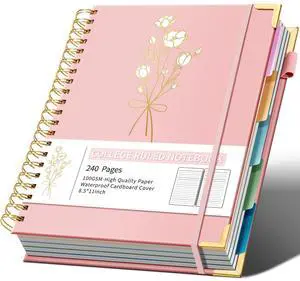 5-Subject Hardcover Spiral Notebook, 8.5" x 11", College Ruled 240 college-ruled pages, 100 GSM paper, 5 removable dividers, inner pocket and protective metal corners 5-Subject Hardcover Spiral Notebook, 8.5" x 11", College Ruled 240 college-ruled pages, 100 GSM paper, 5 removable dividers, inner pocket and protective metal corners