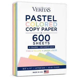 Colored Copy Paper 8.5 x 11, Letter Size Printer Paper, 600 Sheets (150 Each of Pink, Green, Blue, Yellow), Jam-Free, Bulk Pastel Colored Paper for Arts & Crafts, DIY Projects, Made in USA Colored Copy Paper 8.5 x 11, Letter Size Printer Paper, 600 Sheets (150 Each of Pink, Green, Blue, Yellow), Jam-Free, Bulk Pastel Colored Paper for Arts & Crafts, DIY Projects, Made in USA