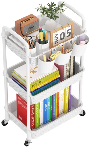 3-Tier Plastic Rolling Utility Cart with Handle,White Utility Storage Cart for Office, Living Room, Kitchen,Movable Storage OrganizerEasy installationRattan-like art design 3-Tier Plastic Rolling Utility Cart with Handle,White Utility Storage Cart for Office, Living Room, Kitchen,Movable Storage OrganizerEasy installationRattan-like art design