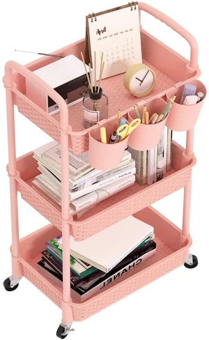 3-Tier Plastic Rolling Utility Cart with Handle,Pink Utility Storage Cart for Office, Living Room, Kitchen,Movable Storage OrganizerEasy installationRattan-like art design 3-Tier Plastic Rolling Utility Cart with Handle,Pink Utility Storage Cart for Office, Living Room, Kitchen,Movable Storage OrganizerEasy installationRattan-like art design