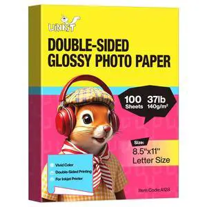 Double-Sided Glossy Photo Paper, 8.5 x 11, 100 Sheets, 140gsm For dye ink inkjet printers; not for laser or pigment ink. Fast-dry for brochures, menus, chip bags, crafts, and flyers Double-Sided Glossy Photo Paper, 8.5 x 11, 100 Sheets, 140gsm For dye ink inkjet printers; not for laser or pigment ink. Fast-dry for brochures, menus, chip bags, crafts, and flyers