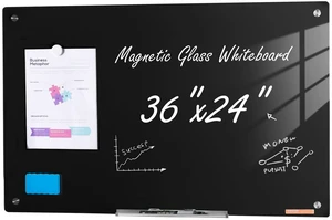 Magnetic Glass Whiteboard, Dry Erase Board 36"x24", Wall-Mounted Large White Glassboard Frameless, with Marker Tray, an Eraser and 2 Markers, Black Magnetic Glass Whiteboard, Dry Erase Board 36"x24", Wall-Mounted Large White Glassboard Frameless, with Marker Tray, an Eraser and 2 Markers, Black