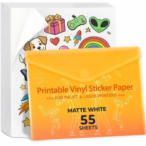 Printable Vinyl Sticker Paper, Matte White, 55 Sheets 8.5"X11", Dries Quickly, Tear Resistant, Vivid Colors, Holds Ink Well, Compatible with Most Inkjet & Laser Printer Printable Vinyl Sticker Paper, Matte White, 55 Sheets 8.5"X11", Dries Quickly, Tear Resistant, Vivid Colors, Holds Ink Well, Compatible with Most Inkjet & Laser Printer