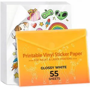Printable Vinyl Sticker Paper, 55 Sheets, Glossy White 8.5"X11", Dries Quickly, Holds Ink Beautifully, Waterproof Inkjet Printable Vinyl, For Most Inkjet and Laser Printer Printable Vinyl Sticker Paper, 55 Sheets, Glossy White 8.5"X11", Dries Quickly, Holds Ink Beautifully, Waterproof Inkjet Printable Vinyl, For Most Inkjet and Laser Printer
