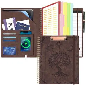 Clipboard with Storage for Men Women, Leather Padfolio Portfolio Organizer 5 Folders with 10 Pockets, Spiral Clipboard Folio with Notepad for Letter Size, Elastic Closure and Pen Loop Brown Clipboard with Storage for Men Women, Leather Padfolio Portfolio Organizer 5 Folders with 10 Pockets, Spiral Clipboard Folio with Notepad for Letter Size, Elastic Closure and Pen Loop Brown