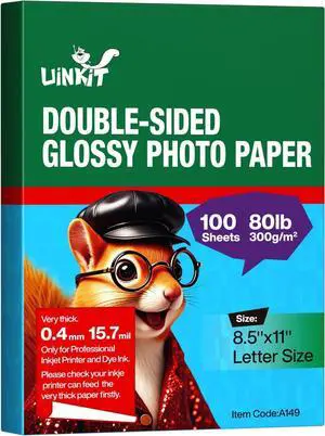 80lb Double-Sided Glossy Inkjet Photo Paper, 8.5x11, 100 Sheets 300gsm, 15.7mil thick paper for dye ink inkjet printers, greeting cards, menus, and brochures; not for pigment ink or laser 80lb Double-Sided Glossy Inkjet Photo Paper, 8.5x11, 100 Sheets 300gsm, 15.7mil thick paper for dye ink inkjet printers, greeting cards, menus, and brochures; not for pigment ink or laser