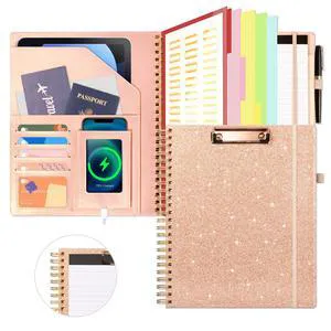 Clipboard with Storage for Women, Leather Padfolio Portfolio Organizer 5 Folders with 10 Pockets, Spiral Clipboard Folio with Notepad for Letter Size, Elastic Closure and Pen Loop Rose Gold Clipboard with Storage for Women, Leather Padfolio Portfolio Organizer 5 Folders with 10 Pockets, Spiral Clipboard Folio with Notepad for Letter Size, Elastic Closure and Pen Loop Rose Gold