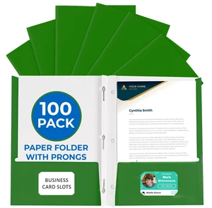 100 Pack Green 2 Pocket Paper Folders. Heavy Duty, Bulk Folders with Pockets, Prongs and Business Card Slots. Letter Size Document Organizers. Durable Portfolio for School, College, Office Files 100 Pack Green 2 Pocket Paper Folders. Heavy Duty, Bulk Folders with Pockets, Prongs and Business Card Slots. Letter Size Document Organizers. Durable Portfolio for School, College, Office Files