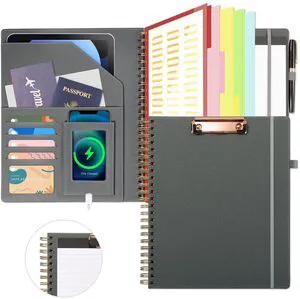 Clipboard with Storage for Men Women, Leather Padfolio Portfolio Organizer 5 Folders with 10 Pockets, Spiral Clipboard Folio with Notepad for Letter Size, Elastic Closure and Pen Loop Grey Clipboard with Storage for Men Women, Leather Padfolio Portfolio Organizer 5 Folders with 10 Pockets, Spiral Clipboard Folio with Notepad for Letter Size, Elastic Closure and Pen Loop Grey