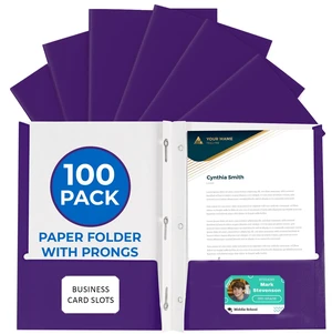 100 Pack Purple 2 Pocket Paper Folders. Heavy Duty, Bulk Folders with Pockets, Prongs and Business Card Slots. Letter Size Document Organizers. Durable Portfolio for School, College, Office Files 100 Pack Purple 2 Pocket Paper Folders. Heavy Duty, Bulk Folders with Pockets, Prongs and Business Card Slots. Letter Size Document Organizers. Durable Portfolio for School, College, Office Files