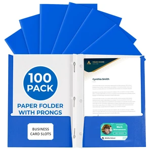 100 Pack Blue 2 Pocket Paper Folders. Heavy Duty, Bulk Folders with Pockets, Prongs and Business Card Slots. Letter Size Document Organizers. Durable Portfolio for School, College, Office Files 100 Pack Blue 2 Pocket Paper Folders. Heavy Duty, Bulk Folders with Pockets, Prongs and Business Card Slots. Letter Size Document Organizers. Durable Portfolio for School, College, Office Files
