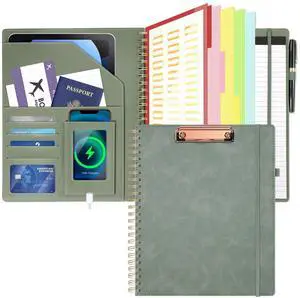 Clipboard with Storage for Men Women, Leather Padfolio Portfolio Organizer 5 Folders with 10 Pockets, Spiral Clipboard Folio with Notepad for Letter Size, Elastic Closure and Pen Loop Sage Green Clipboard with Storage for Men Women, Leather Padfolio Portfolio Organizer 5 Folders with 10 Pockets, Spiral Clipboard Folio with Notepad for Letter Size, Elastic Closure and Pen Loop Sage Green
