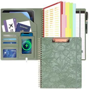 Clipboard with Storage for Men Women, Leather Padfolio Portfolio Organizer 5 Folders with 10 Pockets, Spiral Clipboard Folio with Notepad for Letter Size, Elastic Closure and Pen Loop Green Floral Clipboard with Storage for Men Women, Leather Padfolio Portfolio Organizer 5 Folders with 10 Pockets, Spiral Clipboard Folio with Notepad for Letter Size, Elastic Closure and Pen Loop Green Floral