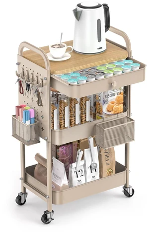 3 Tier Metal Rolling Cart with Drawer,Wood Top,Pegboards,Khaki Storage Utility Cart with Drawers,Pegboards,Lockable Wheels,Baskets,Hooks for Kitchen,Office,Bedroom,DIY Supplies 3 Tier Metal Rolling Cart with Drawer,Wood Top,Pegboards,Khaki Storage Utility Cart with Drawers,Pegboards,Lockable Wheels,Baskets,Hooks for Kitchen,Office,Bedroom,DIY Supplies