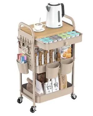 3 Tier Metal Rolling Cart with Drawer,Wood Top,Pegboards,Khaki Storage Utility Cart with Drawers,Pegboards,Lockable Wheels,Baskets,Hooks for Kitchen,Office,Bedroom,DIY Supplies 3 Tier Metal Rolling Cart with Drawer,Wood Top,Pegboards,Khaki Storage Utility Cart with Drawers,Pegboards,Lockable Wheels,Baskets,Hooks for Kitchen,Office,Bedroom,DIY Supplies