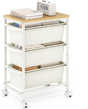 Slim Rolling Cart with 3 Drawers, Metal Utility Storage Cart | Wooden Tabletop, Lockable Wheels, Under Desk Trolley for Bedroom, Children's Room and Office Organization, White Slim Rolling Cart with 3 Drawers, Metal Utility Storage Cart | Wooden Tabletop, Lockable Wheels, Under Desk Trolley for Bedroom, Children's Room and Office Organization, White
