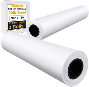 Wide Format Paper, 2 Rolls Plotter Paper 36 In x 150 Ft 20lb CAD Bond Rolls, Bond Paper on 2" Core for CAD Printing on Wide Format Ink Jet Printers Wide Format Paper, 2 Rolls Plotter Paper 36 In x 150 Ft 20lb CAD Bond Rolls, Bond Paper on 2" Core for CAD Printing on Wide Format Ink Jet Printers