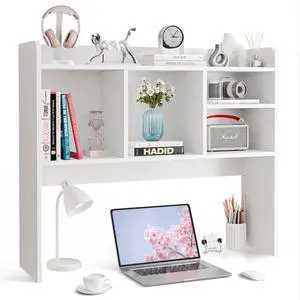 Desktop Bookshelf, Countertop Storage Hutch with 4 Shelves for Computer Desk, 2-Tier Display Rack, Multipurpose Wood Desk Hutch Storage Organizer for Home Office Dorm, White Desktop Bookshelf, Countertop Storage Hutch with 4 Shelves for Computer Desk, 2-Tier Display Rack, Multipurpose Wood Desk Hutch Storage Organizer for Home Office Dorm, White