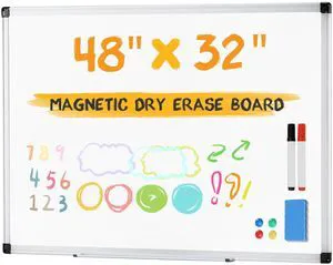 White Board, 48" x 32" Magnetic Dry Erase Board for Wall with 1 Dry Eraser & 2 Multi-Color Markers & 4 Magnetic Pins, Silver Aluminum Frame for Office, Home, School White Board, 48" x 32" Magnetic Dry Erase Board for Wall with 1 Dry Eraser & 2 Multi-Color Markers & 4 Magnetic Pins, Silver Aluminum Frame for Office, Home, School