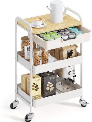 3-Tier Metal Utility Rolling Cart with Drawer and Wooden Table Top, Storage Cart White Trolley Kitchen Organizer Rolling Desk with Locking Wheels for Office, Classroom, Home, Bedroom 3-Tier Metal Utility Rolling Cart with Drawer and Wooden Table Top, Storage Cart White Trolley Kitchen Organizer Rolling Desk with Locking Wheels for Office, Classroom, Home, Bedroom