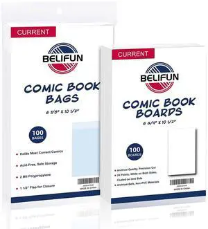100ct Current Comic Bags and Boards - Reusable Boards, Bags 1 1/2" Flap, Clear Protector 100ct Current Comic Bags and Boards - Reusable Boards, Bags 1 1/2" Flap, Clear Protector