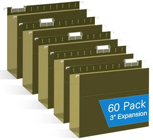 Extra Capacity Hanging File Folders, 60 Pack Letter Size Reinforced Hanging Folders with Heavy Duty 3 Inch Expansion for Bulky Files, Filing Cabinet, Adjustable Tabs, Green Extra Capacity Hanging File Folders, 60 Pack Letter Size Reinforced Hanging Folders with Heavy Duty 3 Inch Expansion for Bulky Files, Filing Cabinet, Adjustable Tabs, Green