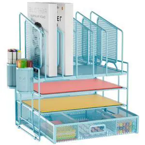 Desk Organizers, 4-Tier Mesh Desk File Organizer with 5 Vertical File Holders and 2 Pen Holders, Multifunction Desktop Organizer,Desk Organizers and Accessories for Home Office (Blue) Desk Organizers, 4-Tier Mesh Desk File Organizer with 5 Vertical File Holders and 2 Pen Holders, Multifunction Desktop Organizer,Desk Organizers and Accessories for Home Office (Blue)