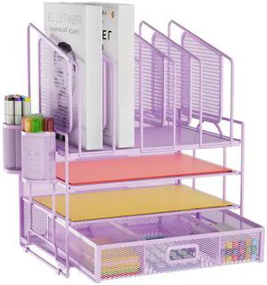 Desk Organizers, 4-Tier Mesh Desk File Organizer with 5 Vertical File Holders and 2 Pen Holders, Multifunction Desktop Organizer,Desk Organizers and Accessories for Home Office (Purple) Desk Organizers, 4-Tier Mesh Desk File Organizer with 5 Vertical File Holders and 2 Pen Holders, Multifunction Desktop Organizer,Desk Organizers and Accessories for Home Office (Purple)