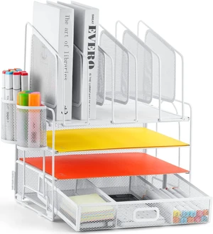 Desk Organizers, 4-Tier Mesh Desk File Organizer with 5 Vertical File Holders and 2 Pen Holders, Multifunction Desktop Organizer,Desk Organizers and Accessories for Home Office (White) Desk Organizers, 4-Tier Mesh Desk File Organizer with 5 Vertical File Holders and 2 Pen Holders, Multifunction Desktop Organizer,Desk Organizers and Accessories for Home Office (White)