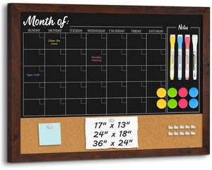 Chalkboard Calendar Corkboard Combo 36" x 24", Rustic Brown Magnetic Chalkboard for Wall, Combination Bulletin Board, Monthly Planner, 4 Markers 8 Magnets 10 Pushpins Chalkboard Calendar Corkboard Combo 36" x 24", Rustic Brown Magnetic Chalkboard for Wall, Combination Bulletin Board, Monthly Planner, 4 Markers 8 Magnets 10 Pushpins