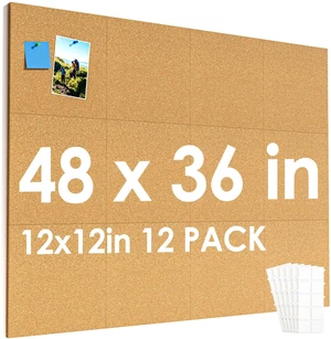48" x 36" Large Cork Board for Wall, 12 Pack 12" x 12" Tiles Self-Healing Natural Cork; Includes 40 Pushpins & Removable Adhesive Tabs; Flexible Board for Office, School & Home 48" x 36" Large Cork Board for Wall, 12 Pack 12" x 12" Tiles Self-Healing Natural Cork; Includes 40 Pushpins & Removable Adhesive Tabs; Flexible Board for Office, School & Home