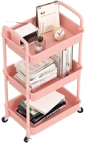 3-Tier Plastic Rolling Utility Cart with Handle,Utility,Pink Utility Storage Cart for Office, Living Room, Kitchen,Movable Storage OrganizerEasy installationRattan-like art design 3-Tier Plastic Rolling Utility Cart with Handle,Utility,Pink Utility Storage Cart for Office, Living Room, Kitchen,Movable Storage OrganizerEasy installationRattan-like art design