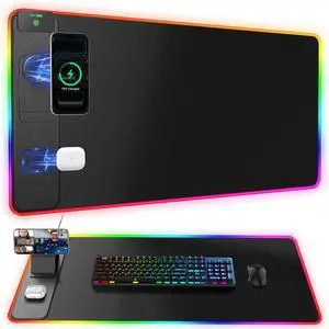 Wireless Charging Mouse Pad with Magnetic Phone Stand, 31.5"x15.8" Large Gaming Mousepad RGB Desk Mat, Smooth Glide, Stitched Edge, Non-Slip Rubber Base, Waterproof Keyboard Mat, No Adatper Wireless Charging Mouse Pad with Magnetic Phone Stand, 31.5"x15.8" Large Gaming Mousepad RGB Desk Mat, Smooth Glide, Stitched Edge, Non-Slip Rubber Base, Waterproof Keyboard Mat, No Adatper