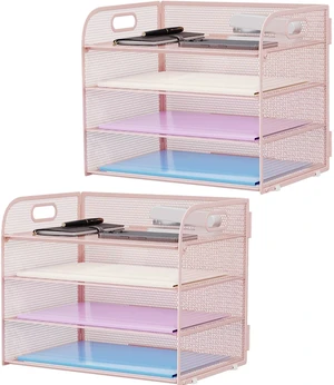 2 Pack 4 Tier Paper Organizer Letter Tray - Mesh Desk File Organizer with Handle, Paper Sorter Organizer for Letter/A4 Office File Folder Holder (Pink, 12.6" x 9.1" x 10.7") 2 Pack 4 Tier Paper Organizer Letter Tray - Mesh Desk File Organizer with Handle, Paper Sorter Organizer for Letter/A4 Office File Folder Holder (Pink, 12.6" x 9.1" x 10.7")