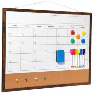 Dry Erase Calendar Whiteboard, 24" x 18" Magnetic Whiteboard Cork Board Combo, Reusable Monthly Planner with 8 Markers, Eraser, Magnets and Pushpins, Hanging Dry Erase Board for Home, School - Brown Dry Erase Calendar Whiteboard, 24" x 18" Magnetic Whiteboard Cork Board Combo, Reusable Monthly Planner with 8 Markers, Eraser, Magnets and Pushpins, Hanging Dry Erase Board for Home, School - Brown