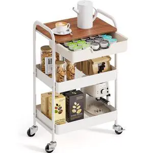 3 Tier Rolling Cart with Drawer, Metal Utility Storage Cart, White | Wooden Tabletop, Lockable Metal Wheels, Trolley Organizer for Bathroom, Kitchen, Office, Nursery, Dorm, Laundry, Craft Room 3 Tier Rolling Cart with Drawer, Metal Utility Storage Cart, White | Wooden Tabletop, Lockable Metal Wheels, Trolley Organizer for Bathroom, Kitchen, Office, Nursery, Dorm, Laundry, Craft Room
