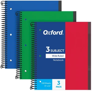 Spiral Notebook 3 Pack, 3 Subject, Wide Rule, Durable Plastic Covers, Strong Coil, 3 Durable Pockets, 8.5 x 11, 150 Sheets, Red, Green, Blue (89804) Spiral Notebook 3 Pack, 3 Subject, Wide Rule, Durable Plastic Covers, Strong Coil, 3 Durable Pockets, 8.5 x 11, 150 Sheets, Red, Green, Blue (89804)