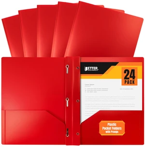 Red Plastic Folders with Pockets and Prongs, Letter Size, 24 Pack, Heavyweight Poly Prong Folders, Red Plastic with 3 Metal Fastener Clips Red Plastic Folders with Pockets and Prongs, Letter Size, 24 Pack, Heavyweight Poly Prong Folders, Red Plastic with 3 Metal Fastener Clips