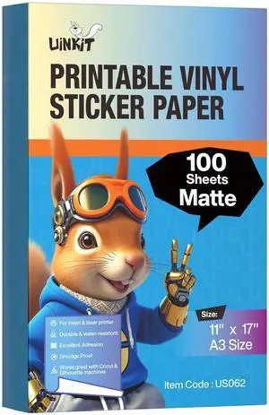 Matte Printable Vinyl Sticker Paper 100 Sheets 11" x 17" Waterproof Tear-Resistant Decals for Crafts, Labels & Small Projects with Inkjet & Laser Printers Matte Printable Vinyl Sticker Paper 100 Sheets 11" x 17" Waterproof Tear-Resistant Decals for Crafts, Labels & Small Projects with Inkjet & Laser Printers