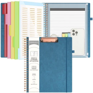 Foldable Spiral Clipboard Folio with with Storage Zipper Pouch, 5 Plastic Folders with 10 Pockets, Leather Clipboard Folder with Notepad, 39 Divider Label Stickers (Hazy Blue) Foldable Spiral Clipboard Folio with with Storage Zipper Pouch, 5 Plastic Folders with 10 Pockets, Leather Clipboard Folder with Notepad, 39 Divider Label Stickers (Hazy Blue)