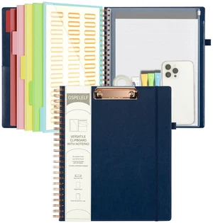 Leather Clipboard Folio with Notepad for Letter Size, Spiral Clipboard Folder with Storage Zipper Pouch, 5 Folders with 10 Pockets, 39 Divider Label Stickers, Pen Loop Series (Blue) Leather Clipboard Folio with Notepad for Letter Size, Spiral Clipboard Folder with Storage Zipper Pouch, 5 Folders with 10 Pockets, 39 Divider Label Stickers, Pen Loop Series (Blue)