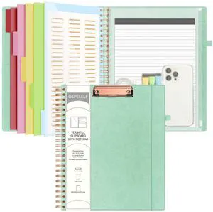 Leather Clipboard Folders with with Storage Zipper Pouch, Spiral Clipboard Folio with Notepad for Letter Size, 5 Folders with 10 Pockets, 39 Divider Label Stickers (Light Green) Leather Clipboard Folders with with Storage Zipper Pouch, Spiral Clipboard Folio with Notepad for Letter Size, 5 Folders with 10 Pockets, 39 Divider Label Stickers (Light Green)