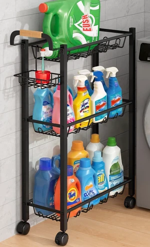 Laundry Room Cart with Top Detergent Holder, Metal Rolling Storage Cart Between Washer and Dryer, 3 Tier Narrow Laundry Room Organization and Storage with Wheels (Pure Black) Laundry Room Cart with Top Detergent Holder, Metal Rolling Storage Cart Between Washer and Dryer, 3 Tier Narrow Laundry Room Organization and Storage with Wheels (Pure Black)