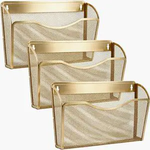 Mesh Hanging Wall File Holders, Metal Vertical Wall Basket Mail Organizer for Office/Home (Gold, 3 Pack Wall Mounted) Mesh Hanging Wall File Holders, Metal Vertical Wall Basket Mail Organizer for Office/Home (Gold, 3 Pack Wall Mounted)