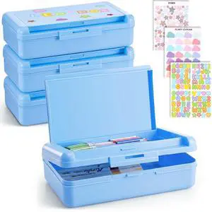 4 Pcs Double Layer Plastic Pencil Box with 3 Stickers,Solid Blue Large Capacity Pencil Case for Kids Girl Boy Back to School Supplies Hard Crayon Organizer with Snap-tight Lid for Art Craft 4 Pcs Double Layer Plastic Pencil Box with 3 Stickers,Solid Blue Large Capacity Pencil Case for Kids Girl Boy Back to School Supplies Hard Crayon Organizer with Snap-tight Lid for Art Craft